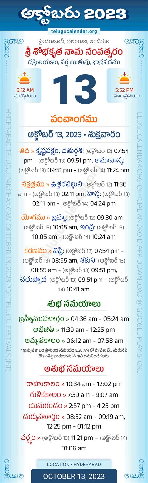 Telangana » Panchangam October 13, 2023 Telugu Calendar Daily