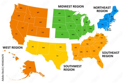 United States, geographic regions, colored political map. Five regions ...