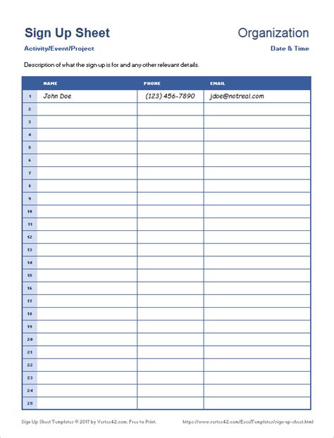 Download the Simple Sign Up Sheet from Vertex42.com | Sign up sheets ...