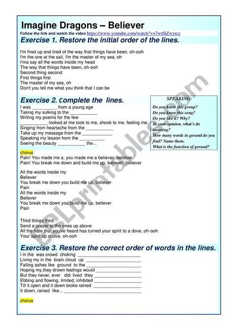 song Imagine Dragons – Believer - ESL worksheet by TutorPSK