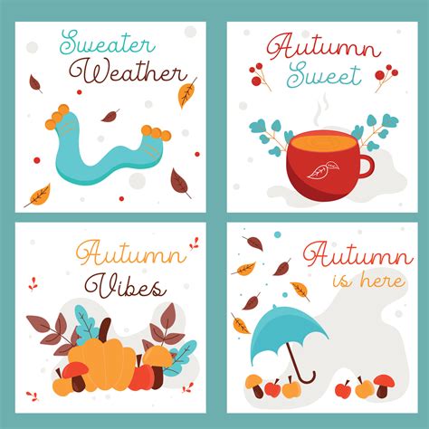 A set of autumn greeting cards in blue, yellow and red. Sweater weather ...