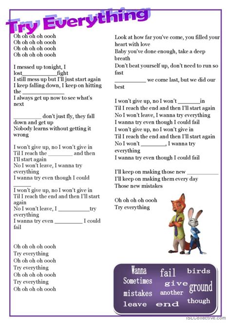 Try Everything Zootopia song and nur…: English ESL worksheets pdf & doc