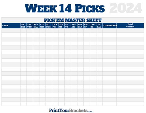 NFL Week 14 Picks Master Sheet Grid - 2024