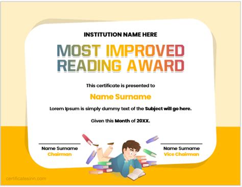 Most Improved Reading Award Certificates | Edit & Print