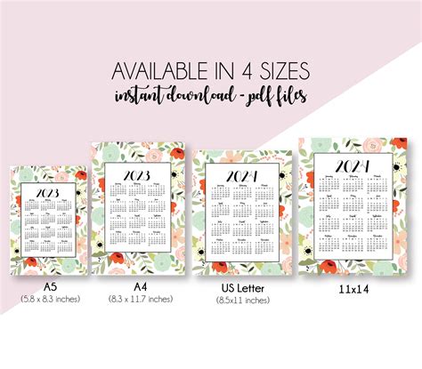 Floral 2023-2024 Yearly Calendar, Printable Calendar, Instant Download ...