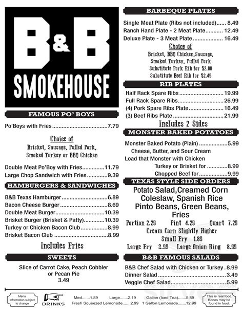 B&B Smokehouse menu in San Antonio, Texas, USA