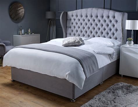 This Grey Suede Upholstered Memory Foam Open Coil Divan Bed With Wing ...