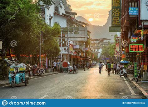 Amazing View of a Street in Yangshuo County at Sunset Editorial Stock ...