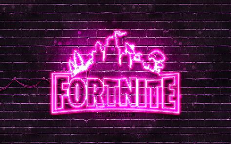 Logotipo de fortnite púrpura pared de ladrillo púrpura, logotipo de ...