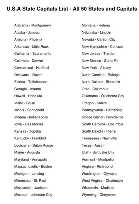 States And Capitals Print Out