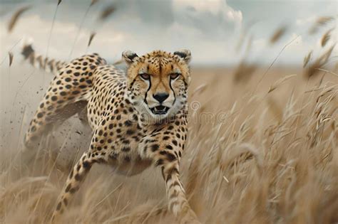 AI Generated Illustration of a Leopard Sprinting in a Grass Field Stock ...