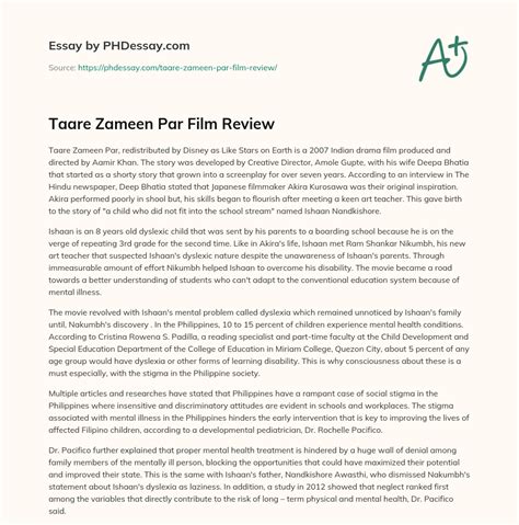 Taare Zameen Par Film Review (400 Words) - PHDessay.com