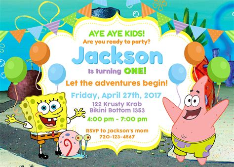 Spongebob Squarepants Party Invitation, Spongebob Squarepants Party ...