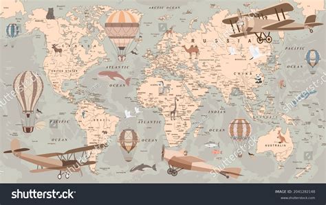 Childrens Retro World Map Balloons Animals Stock Illustration ...