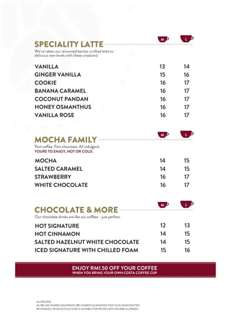 Costa Coffee Menu & Updated Prices Malaysia 2024