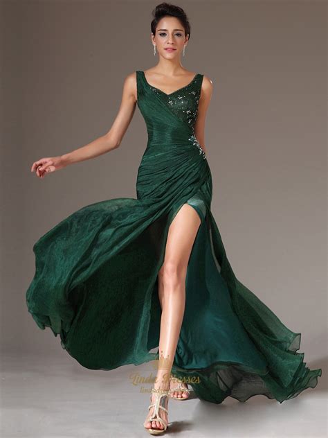 Emerald Green Chiffon V Neck Beaded Prom Dress With Side Draped Bodice ...