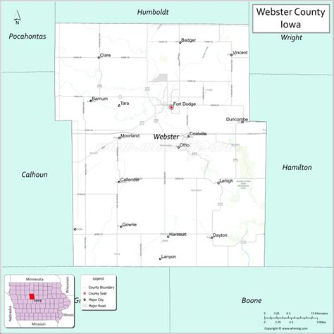 Map of Webster County, Iowa showing cities, highways & important places ...