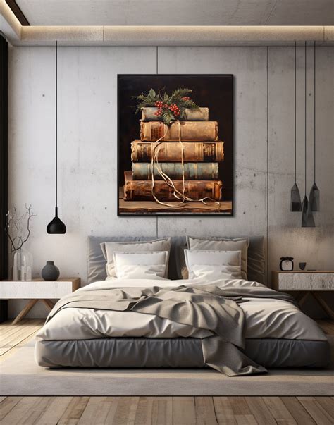 Rustic Christmas Books Wall Art, Christmas Decor, Books Oil Painting ...