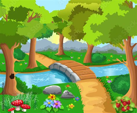 cartoon forest with a river and a bridge in the middle Stock Vector ...