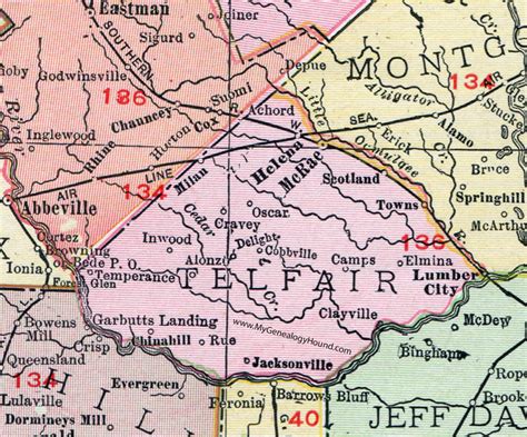 Telfair County, Georgia, 1911, Map, McRae, Helena, Milan, Lumber City ...