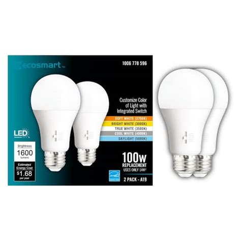 EcoSmart 100-Watt Equivalent A19 Dimmable CEC LED Light Bulb with ...