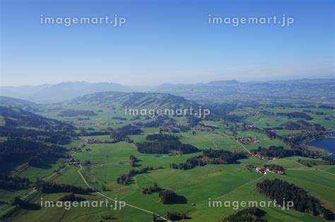 Aerial view of landscape in the Allgäu with valleys, mountains and ...