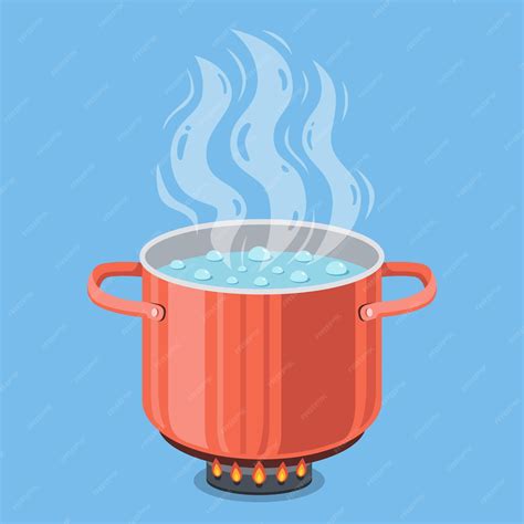 Premium Vector | Boiling water in red pot Cooking pan on stove with ...