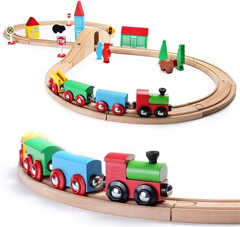 SainSmart Jr. Wooden Train Set for Toddler with Double-Side Train ...