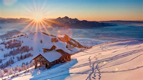 Wallpaper : sunlight, mountains, sunset, snow, winter, sunrise, morning ...