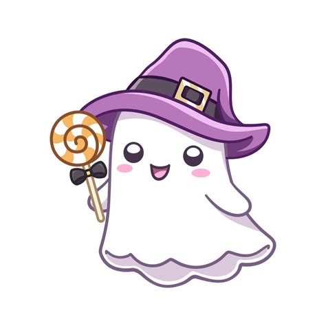 Cute ghost wearing witch hat costume holding candy vector illustration ...