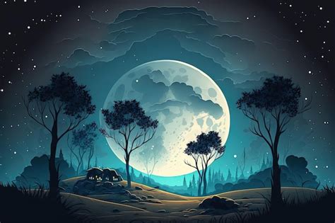 Premium AI Image | Night landscape with full moon and stars in sky