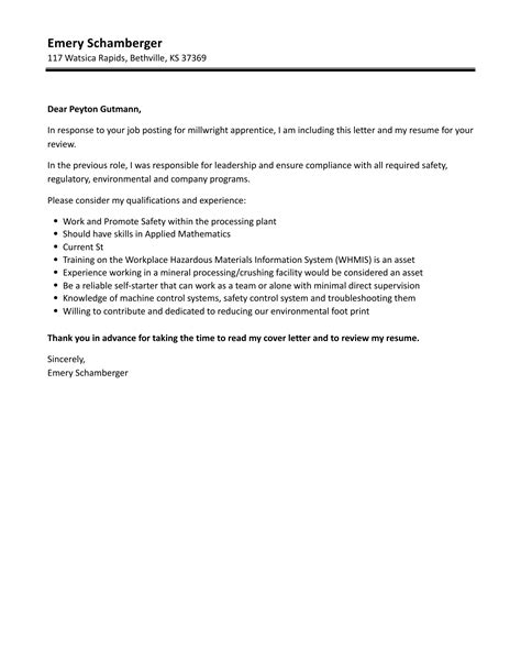 Millwright Apprentice Cover Letter | Velvet Jobs