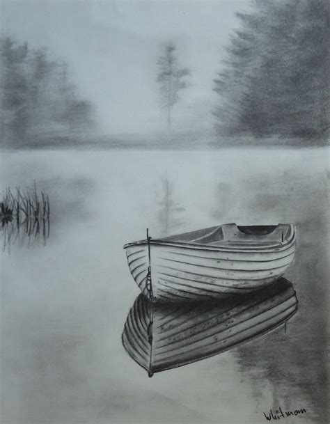 Misty row boat, reflection in graphite. More Drawing Images, Pencil Art ...