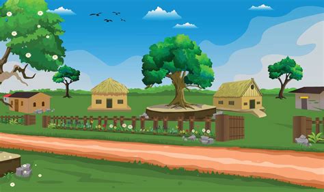 Village cartoon background illustration background with sun, four ...