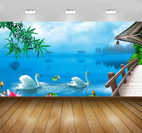 Buy Avikalp Vinyl 3D Swan Lake Full HD Scenery Wallpapers for Living ...