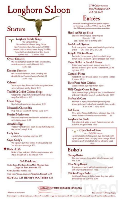 Printable Longhorn Lunch Menu