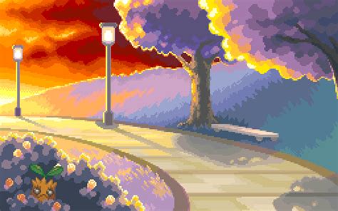 Pixel art of path with lampposts, Pokémon, video games, pixels, artwork ...