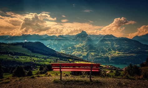 Photo The red bench Nature mountain Scenery Bench Clouds