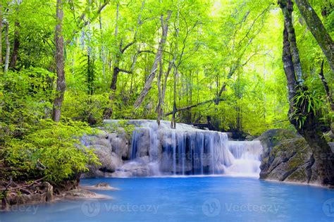 beautiful waterfall panoramic beautiful deep green natural forest on ...