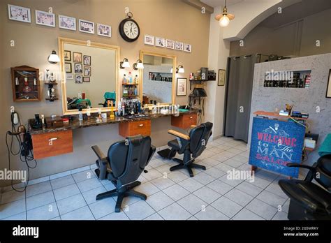 VOLOS, GREECE - Jun 25, 2021: Men's barber shop, retro styled interior ...