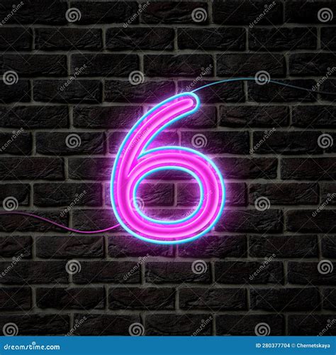 Glowing Neon Number 6 Sign on Brick Wall Stock Photo - Image of lamp ...