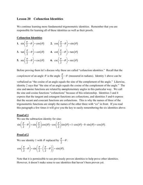 Lesson 20 Cofunction Identities