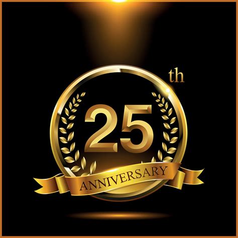 Celebrating 25 years anniversary logo with golden ring and ribbon ...