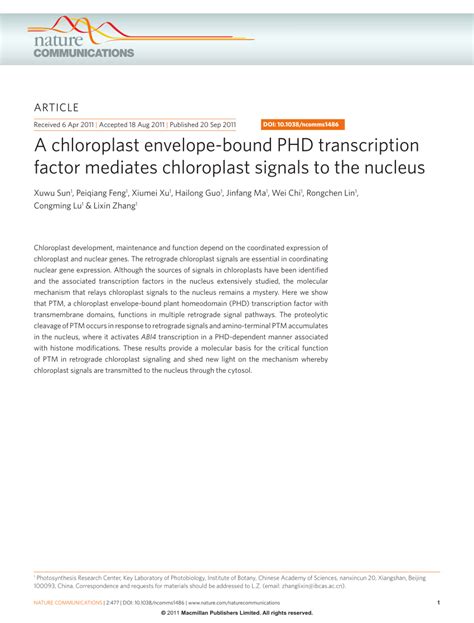 (PDF) A chloroplast envelope-bound PHD transcription factor mediates ...