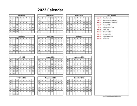 2022 yearly calendar printable with week numbers | Free-calendar ...