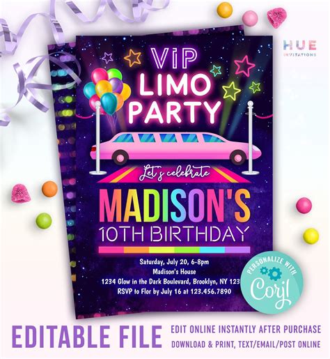 Pink limo party invitation editable template rainbow vip limousine ...