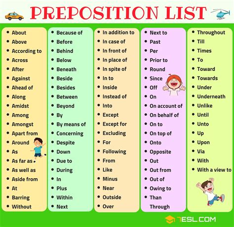 Printable Preposition List - Printable Word Searches