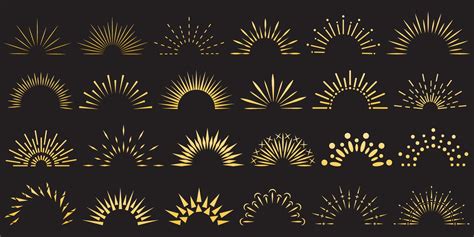 Set of golden sun rays icons of various shapes. Summer, design elements ...