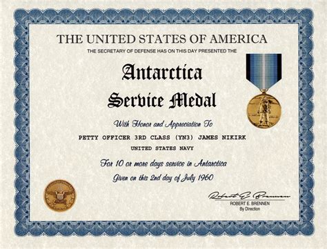 Antarctica Service Medal certificate