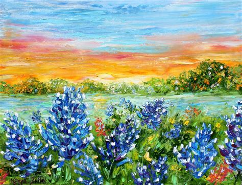 Bluebonnets landscape, blue flower painting, Texas art original oil, on ...